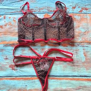 PrettyLittleThing Leopard Print Bra Set with Red Accents